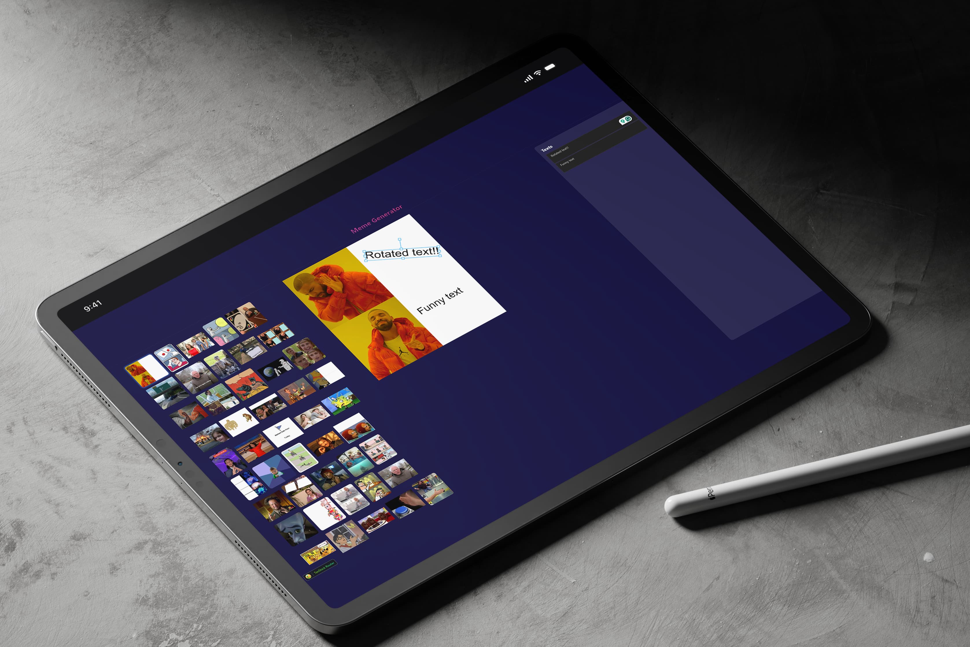 Meme generator canvas shown on an iPad